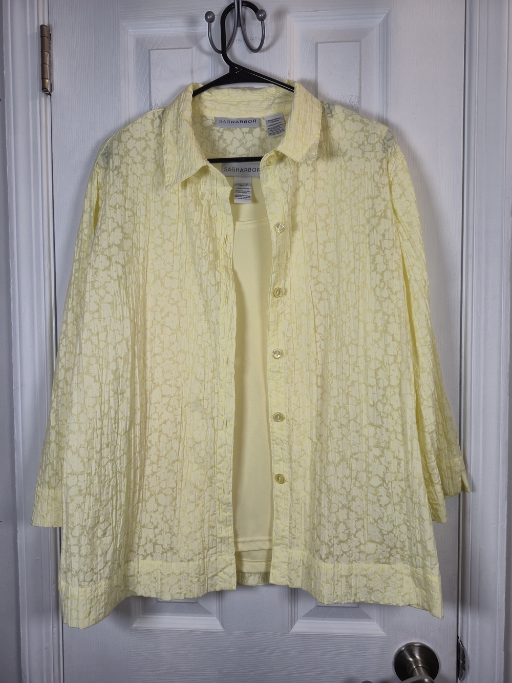Vintage Sag Harbor Yellow Floral Lace 2 Piece Button Down Blouse Camisole Set L